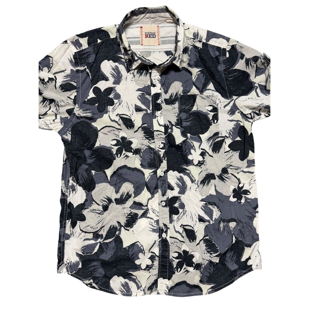 Vintage Red Mens Floral Button Down Shirt Black White Grey Cotton Large